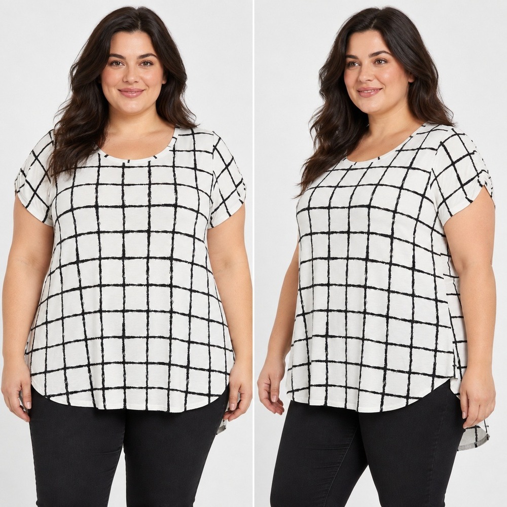 Catherines Black White Grid Print Short Sleeve Rayon Top 2X 26/28 37-9172-0